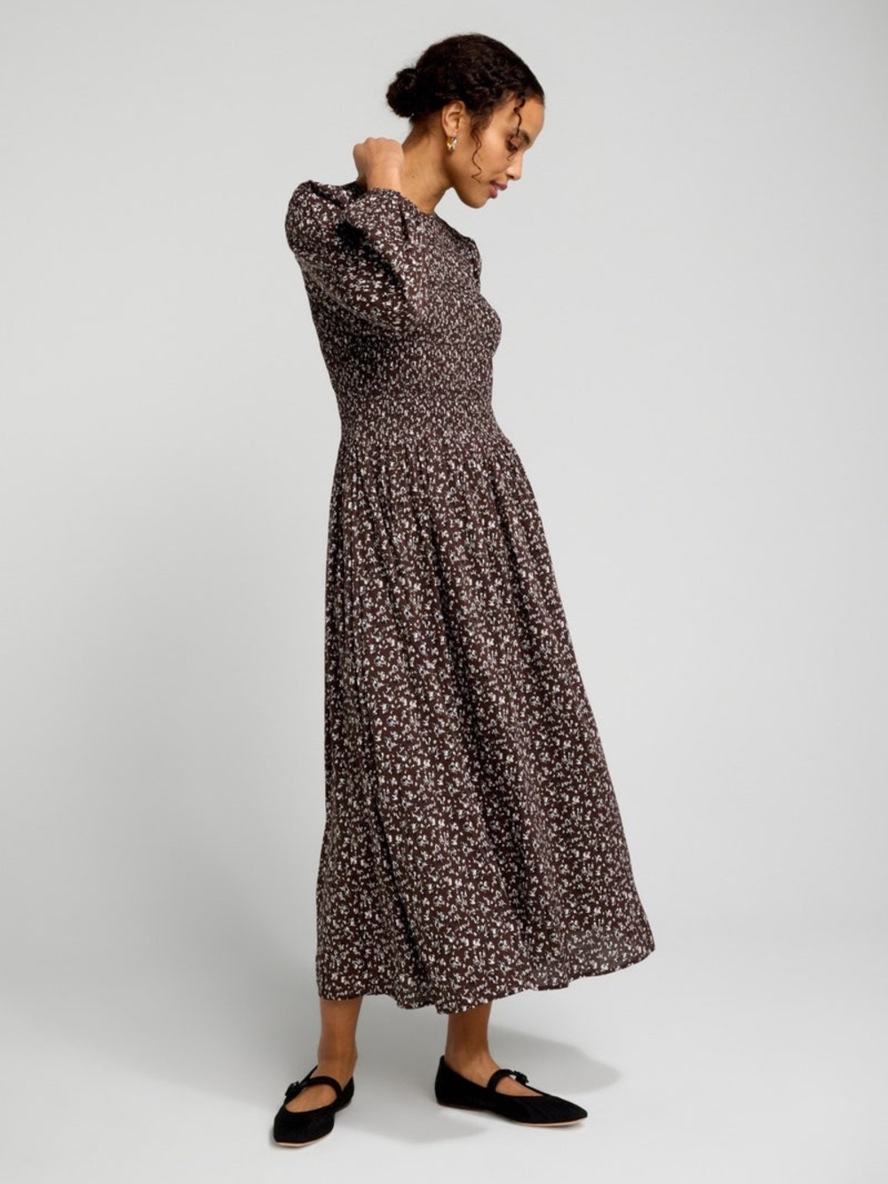 Madewell Melody Smocked Floral Tiered Midi Dress Brown Long Sleeve Fall L Pocket